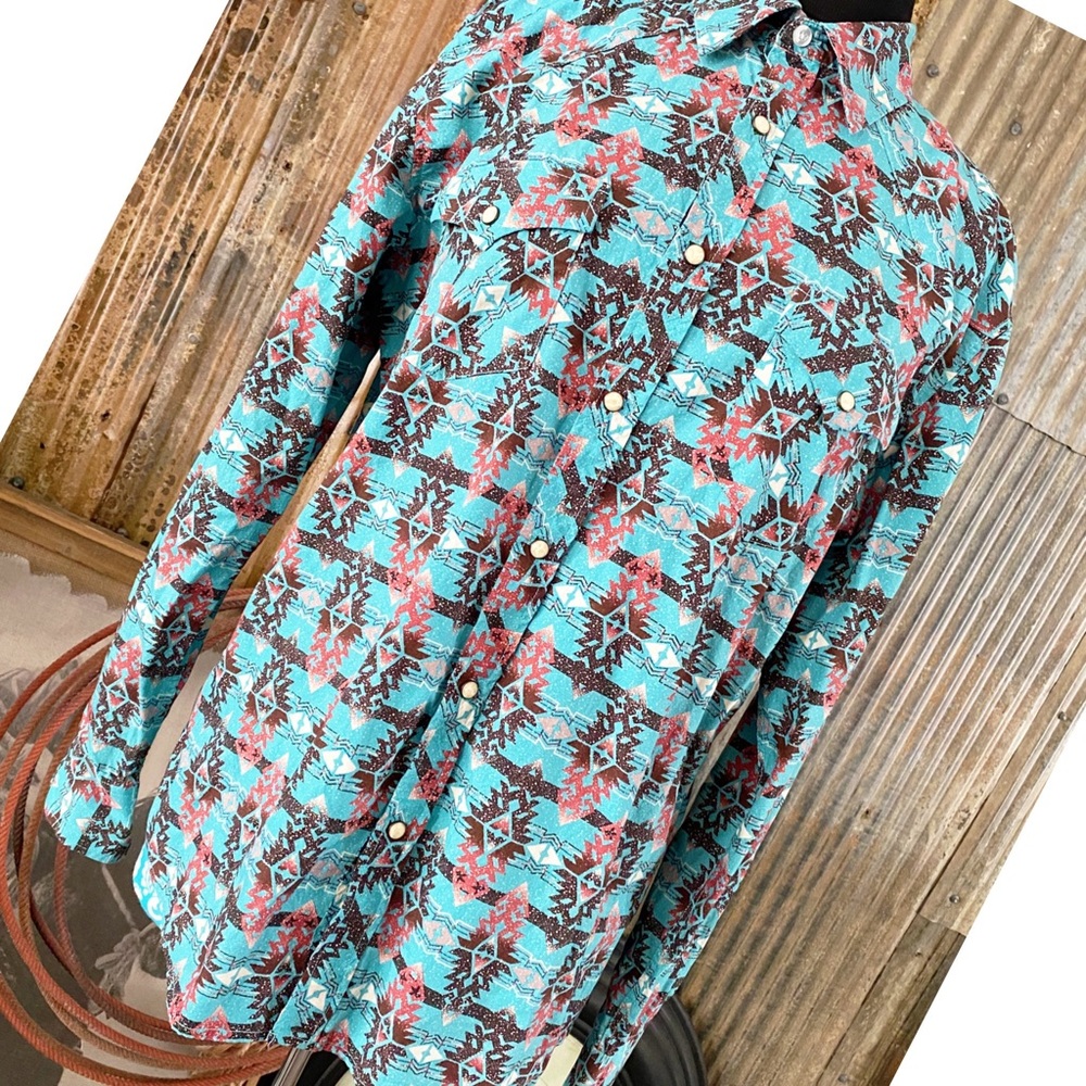 Men’s Rock & Roll Denim Modern Fit Aztec Design Pearl Snap Longsleeve Shirt - Picture 2 of 11